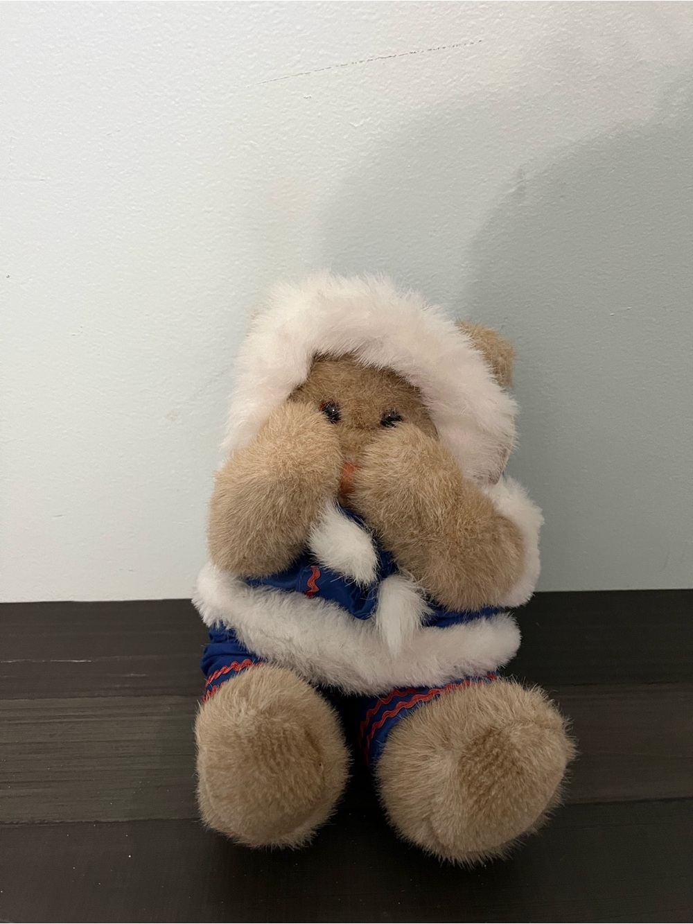 Plush Peek-A-Boo Bear in Blue Faux-Fur Hooded Parka